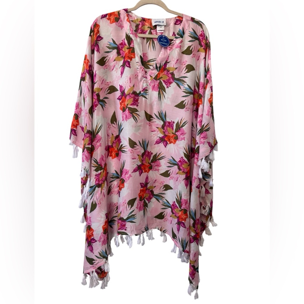 Swimsuits For All Floral Tassel Pink Summer Cover-Up Beach Tunic Size 6/8 NWTS